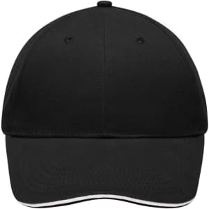 A black cap with a curved brim and a logo on the front, featuring brushed fabric.