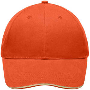 An orange cap with a smooth finish and a logo on the front, featuring a classic curved brim.