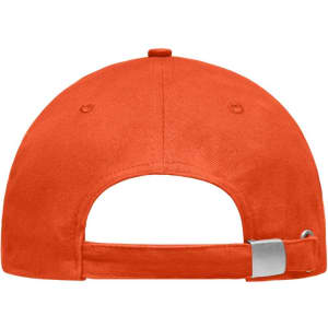 An orange light brushed sandwich cap featuring a metallic adjustable strap at the back and a logo.