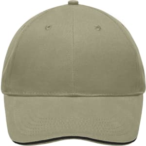 A light brushed sandwich cap in a khaki colour featuring a curved brim and a branding logo.