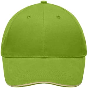 A green cap with a curved brim and a logo on the front. It's a light brushed sandwich style headwear.