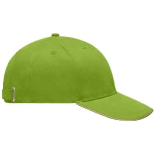 A bright green cap with a curved brim, featuring a logo and an adjustable strap at the back.