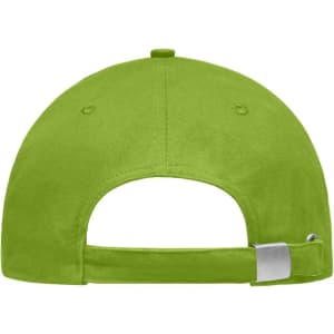 A bright green sandwich cap with an adjustable strap and metal clasp at the back, featuring a logo.