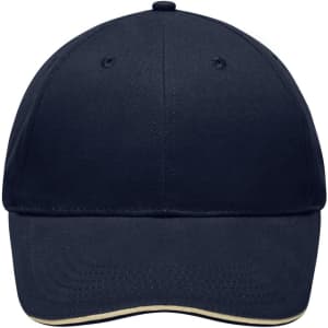 A navy blue sandwich cap with a curved brim and a logo on the front. The design features stitching details.