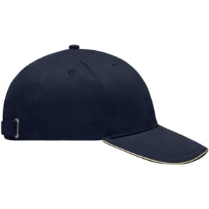 A navy blue brushed sandwich cap with a curved peak and an adjustable strap on the back, featuring a logo.