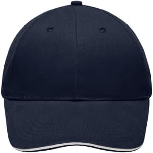 A navy light brushed sandwich cap featuring a curved brim and stitched detailing, with a logo on the front.