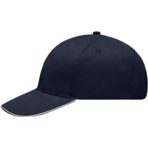 A navy brushed sandwich cap with a curved peak and contrasting edge. It features a branding logo.