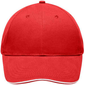 A red cap featuring a rounded crown and a pre-curved visor. It includes a logo on the front.