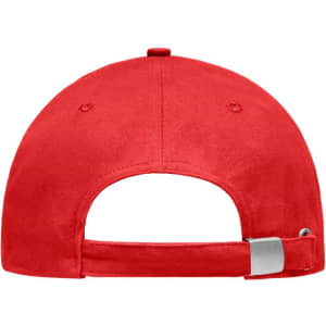 A red cap with a brushed texture and adjustable strap at the back, featuring a logo on the side.