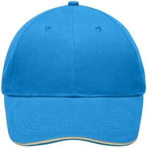 A bright blue cap featuring a curved visor and a logo on the front. Ideal for casual wear or promotional events.