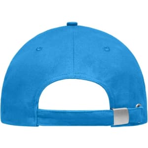 A blue light brushed sandwich cap featuring an adjustable strap and a logo on the back.