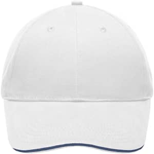 A white cap with a curved brim and a logo on the front, featuring a light brushed fabric.