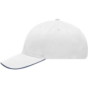 A white light brushed sandwich cap with a navy peak and ventilation eyelets, featuring a logo.