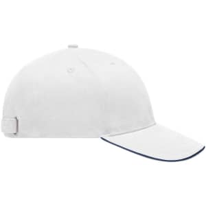 A white cap with a contrasting navy brim and an adjustable metal buckle at the back, featuring a logo.