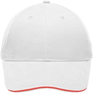 A white cap with a curved brim and a red underbrim, featuring a logo on the front.