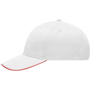 A white cap with a contrasting red brim and a logo on the front.