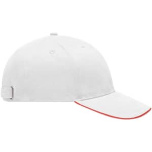 A white cap with a contrasting red brim and an adjustable strap at the back, featuring a logo.