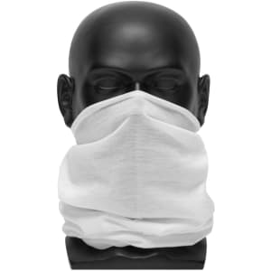 A black mannequin head displays a white polyester drawstring bag. The bag has a smooth texture and a slight sheen.