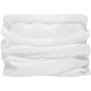 A white drawstring bag with a textured design, featuring a branding logo.