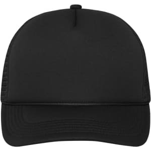 A black 5 Panel Retro Mesh Trucker cap with a solid front and mesh sides, featuring a logo.
