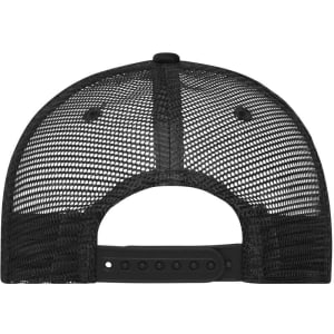 A black 5 panel retro mesh trucker cap featuring a mesh back and adjustable snap closure.