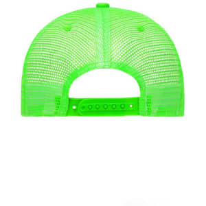 A bright neon green 5 Panel Retro Mesh Trucker cap, featuring a mesh design and an adjustable strap at the back.