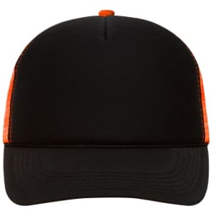 A black trucker cap with orange mesh panels and a solid front. Includes a logo on the front.