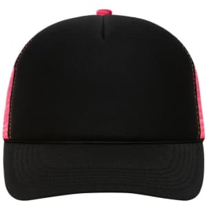 A black trucker cap featuring pink mesh panels on the sides and a curved brim. It includes a logo on the front.