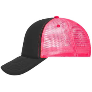 A black and pink 5 Panel Retro Mesh Trucker cap featuring a mesh back and a curved brim.