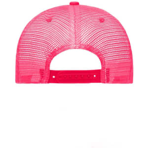 A vibrant pink retro mesh trucker cap featuring a snapback adjustment and a logo on the side.