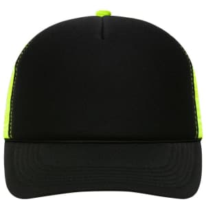 A black trucker cap with a neon green mesh back and detailing, featuring a logo on the front.