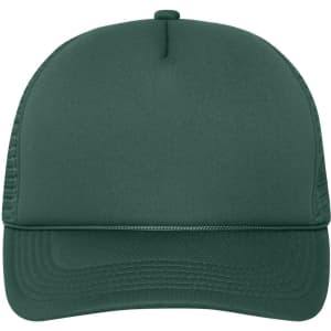A green 5 Panel Retro Mesh Trucker cap featuring a solid front and mesh sides, complete with a logo.