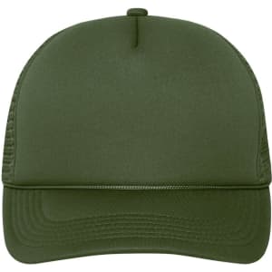 A 5 Panel Retro Mesh Trucker cap in olive green with a mesh back and curved brim. Features a logo on the front.