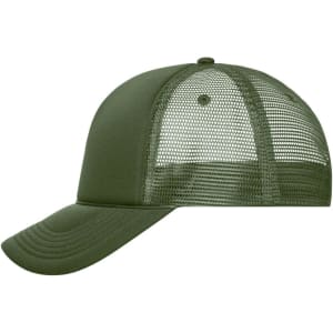 A green 5 Panel Retro Mesh Trucker hat with a solid front and mesh back. The hat also features a logo.