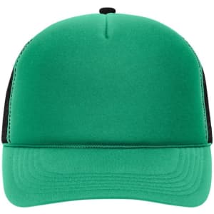 A green and black 5-panel retro mesh trucker cap featuring a solid front panel and mesh sides.
