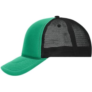 A green 5 panel trucker cap with a black mesh back and a structured front panel. It features a logo on the front.