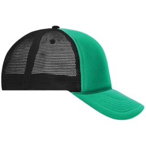 A green and black 5 Panel Retro Mesh Trucker cap with a mesh back and a curved brim.