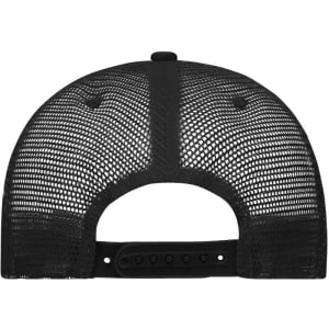 A black mesh trucker cap featuring a five-panel design and an adjustable strap at the back.