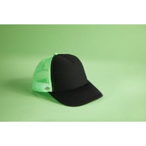 A black cap with a green retro mesh back, featuring a curved peak and a structured front panel.