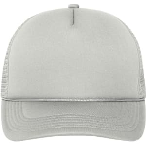 A grey 5 Panel Retro Mesh Trucker hat with a smooth front and mesh side panels. Features a silver accent on the brim.
