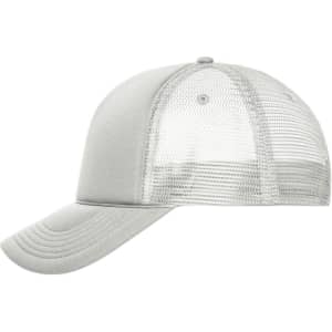 A grey 5 Panel Retro Mesh Trucker cap with a mesh back and a curved brim, featuring a logo on the front.