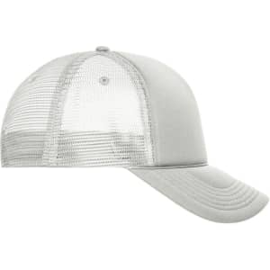 A grey 5 Panel Retro Mesh Trucker cap featuring a mesh back and a solid front panel. It includes a logo.