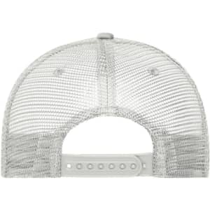 A grey, 5 panel retro mesh trucker cap with a plastic adjustable strap at the back and a logo on the side.