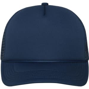 A dark navy blue 5 Panel Retro Mesh Trucker cap with a smooth front and mesh side panels. It features a branding logo.