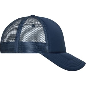 A navy blue 5 Panel Retro Mesh Trucker cap with a mesh back and curved brim. Features a logo.