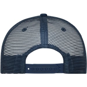A navy blue 5-panel retro mesh trucker cap featuring a branded logo on the back and a snap closure.