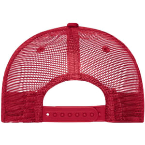 A red 5 Panel Retro Mesh Trucker cap featuring a mesh back and an adjustable snap closure.