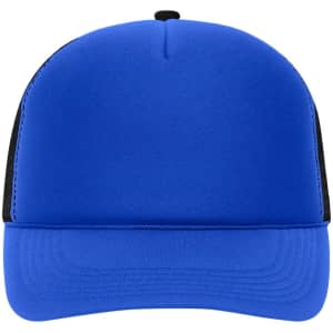 A blue trucker cap with a black mesh back and a structured front panel. It features a rounded peak and stitching details.