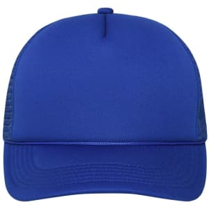 A blue 5 Panel Retro Mesh Trucker cap featuring a solid front and mesh back. It includes a logo on the front.