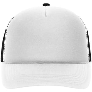 A 5-panel retro mesh trucker cap in white with black mesh sides and a curved brim. Features a logo on the front.